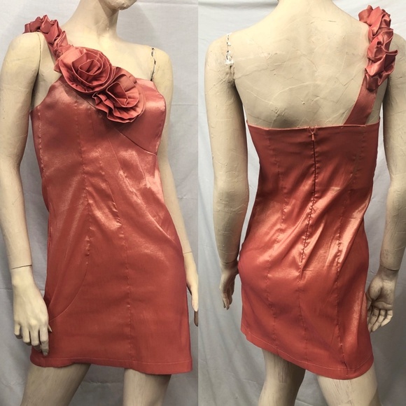 Y2K 90s Stretch Asymmetrical Flower One Shoulder Party Mini Bridesmaid Dress~S - Picture 1 of 9